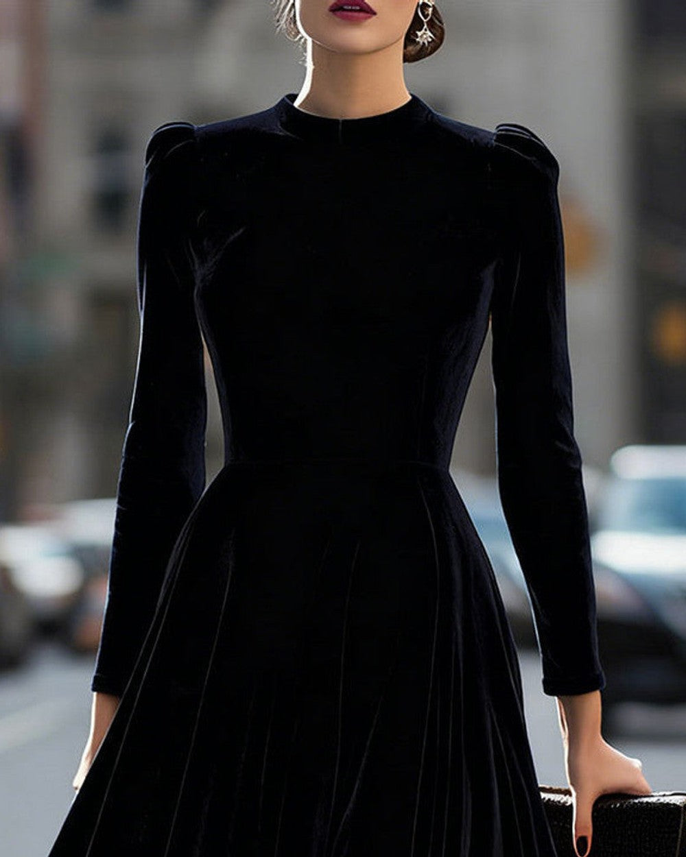 Lena Samt Langarm Midi Kleid Damen