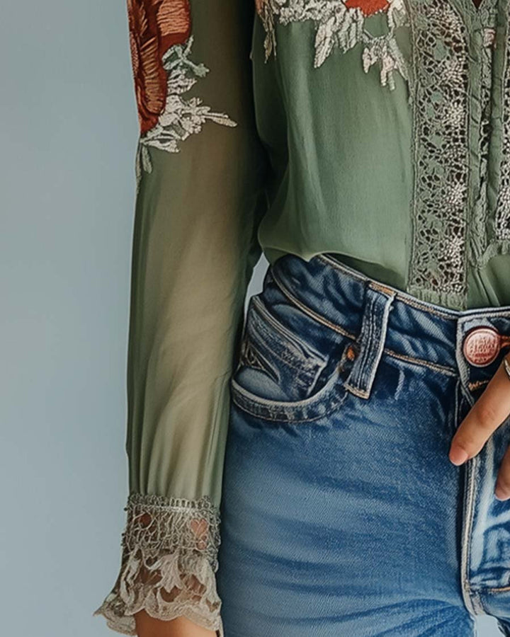 Lena Blumenmuster Spitzenbluse Damen