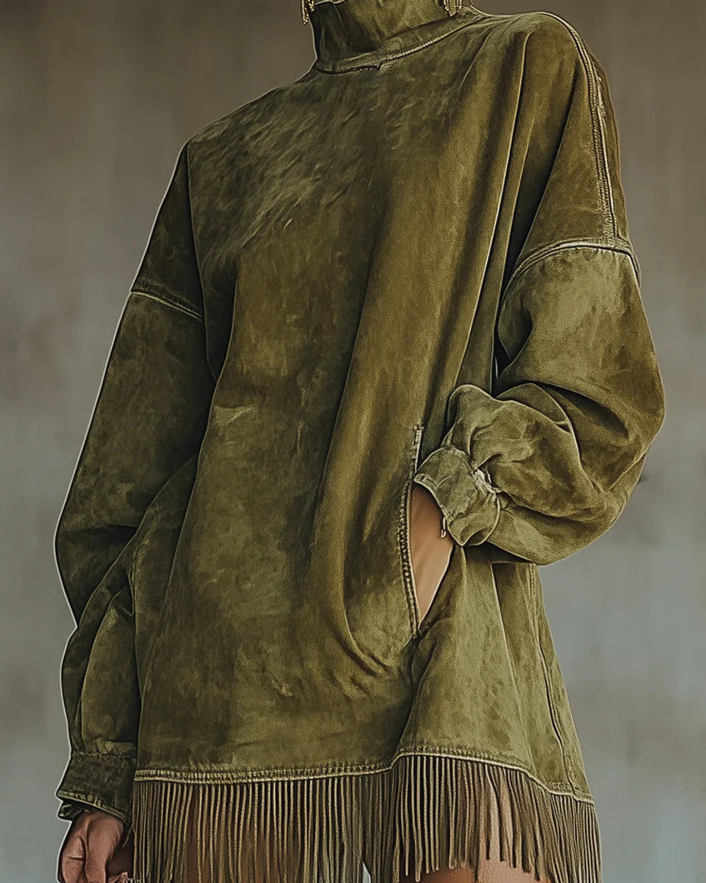 Lena Kunstwildleder Rollkragenkleid Fransen