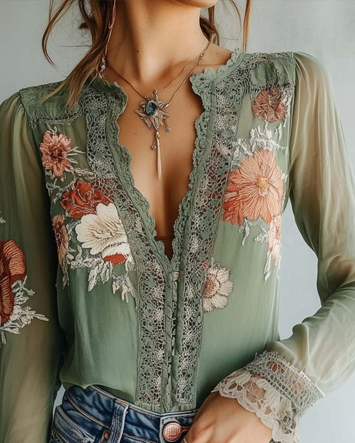 Lena Blumenmuster Spitzenbluse Damen