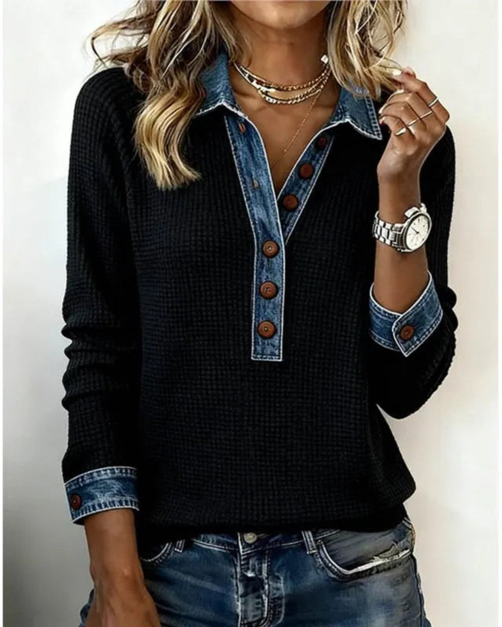 Mia Gestrickter Patchwork Strickpullover