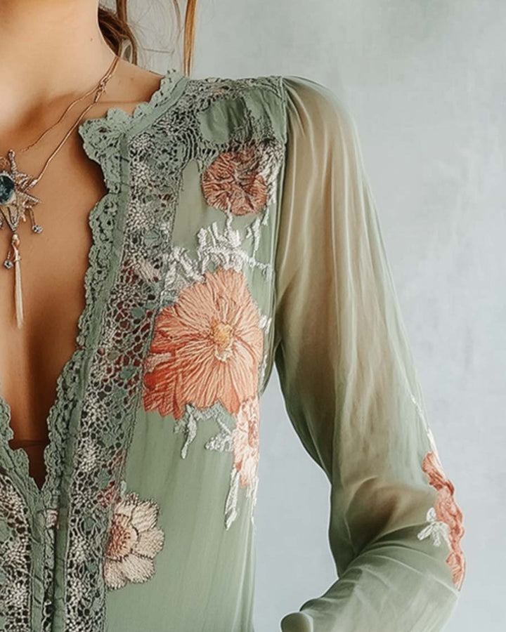 Lena Blumenmuster Spitzenbluse Damen