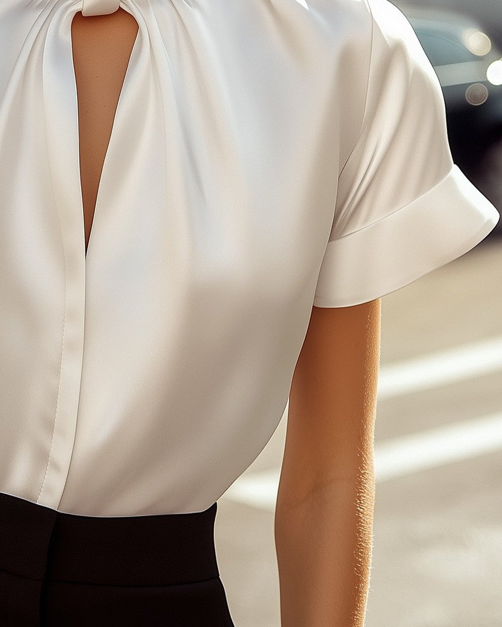 Lena Weiße Satin-Bluse Schlüsselloch