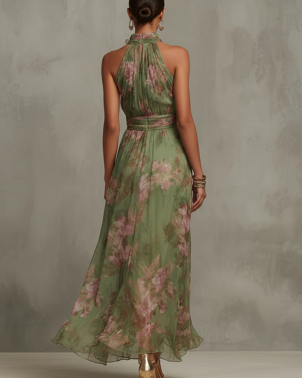 Emma Grünes Blumen Chiffon Maxikleid